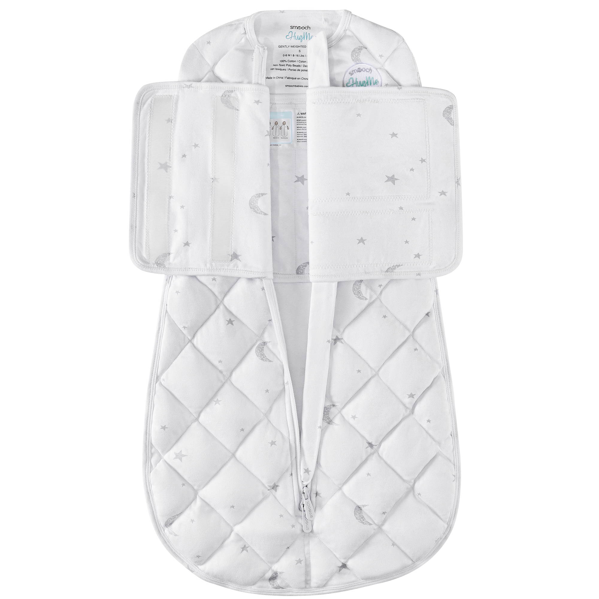 HugMe Gently Weighted Baby Swaddle - White Stars & Moon by Smooch Babies sold by Smooch Babies