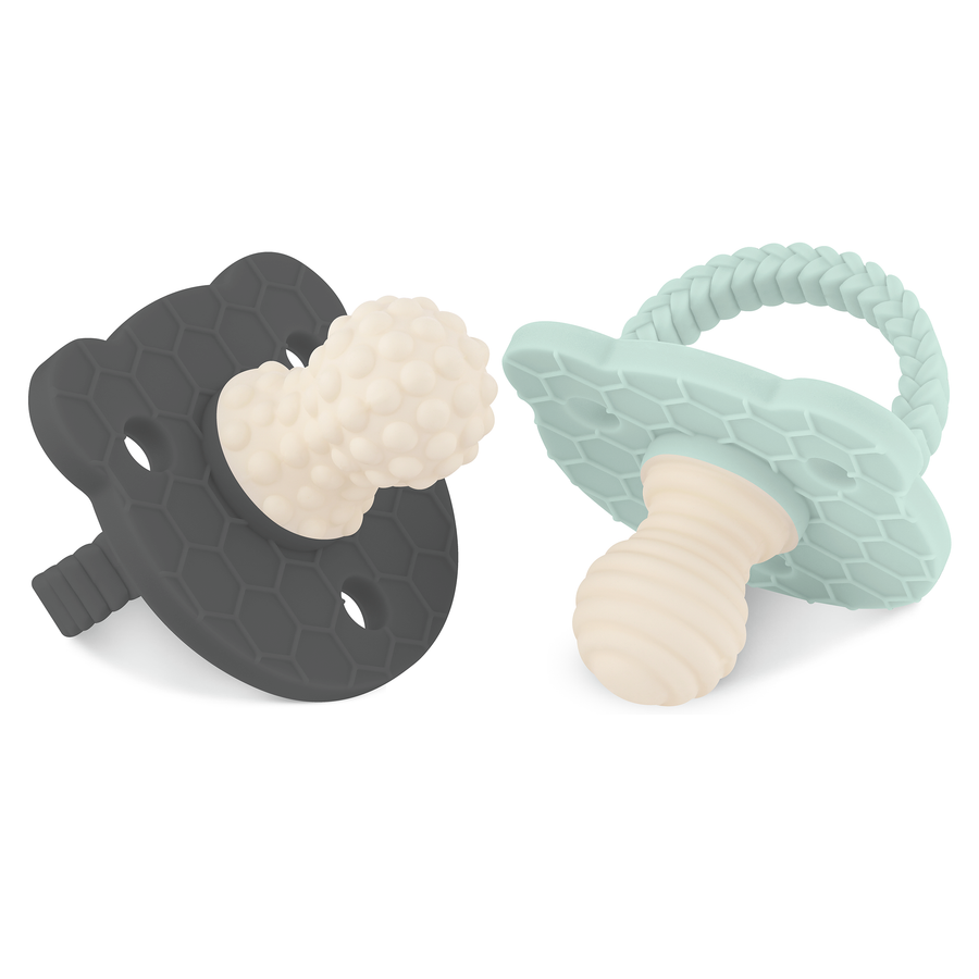 SoothiPop Silicone Teething Pacifier Bear Shaped (2 Pack) - Mint and Space Gray