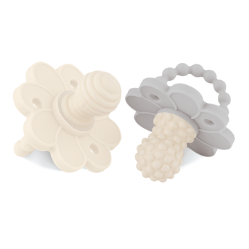 SoothiPop Silicone Teething Pacifier Flower Shaped (2 Pack) - Cream and French Gray
