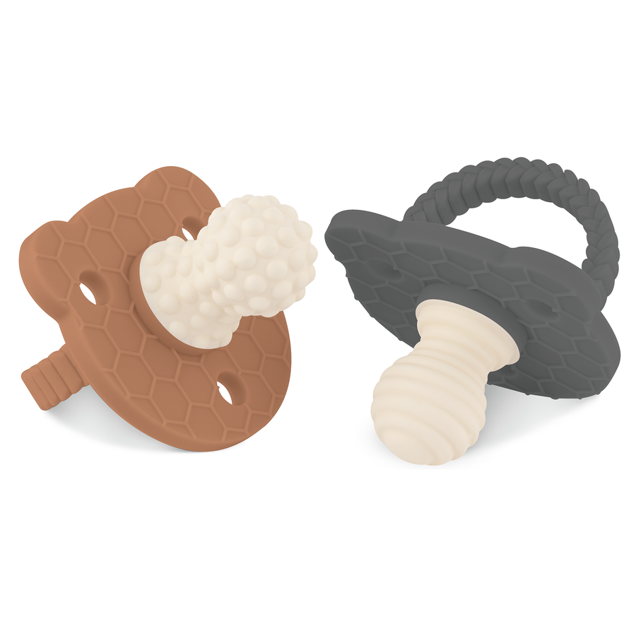 SoothiPop Silicone Teething Pacifier Bear Shaped (2 Pack) - Caramel and Space Gray