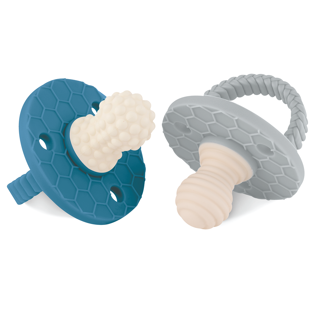 SoothiPop Silicone Teething Pacifier Round Shaped (2 Pack) - Glacial Blue and French Gray