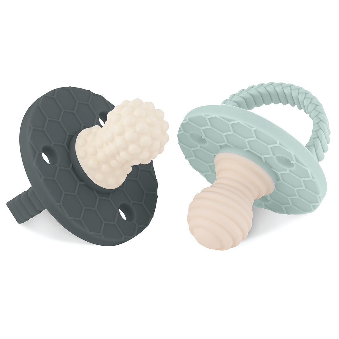 SoothiPop Silicone Teething Pacifier Round Shaped (2 Pack) - Space Gray and Mint